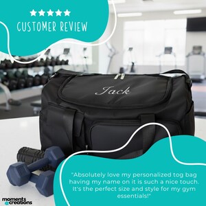 May include: Black personalized gym bag with the name "Jack" embroidered in white. The bag has multiple pockets and handles. Two blue dumbbells and a black foam roller are in front of the bag. The text "CUSTOMER REVIEW" is at the top.