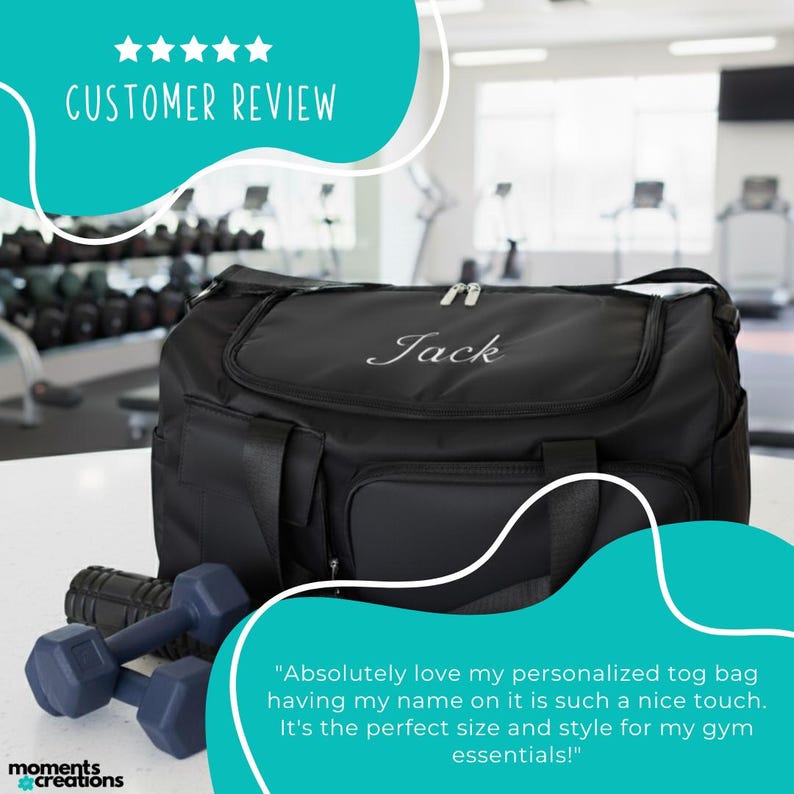 May include: Black personalized gym bag with the name "Jack" embroidered in white. The bag has multiple pockets and handles. Two blue dumbbells and a black foam roller are in front of the bag. The text "CUSTOMER REVIEW" is at the top.