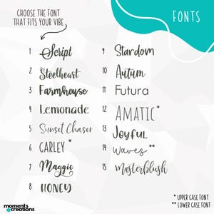 K&ouml;nnte beinhalten: Eine t&uuml;rkisfarbene und wei&szlig;e Grafik mit 15 Schriftarten. Der Text lautet "W&Auml;HLEN SIE DIE SCHRIFTART, DIE ZU IHREM VIBE PASST" mit Beispielen wie Script, Steelheart und Farmhouse. Das Bild enth&auml;lt auch das Wort "SCHRIFTARTEN".