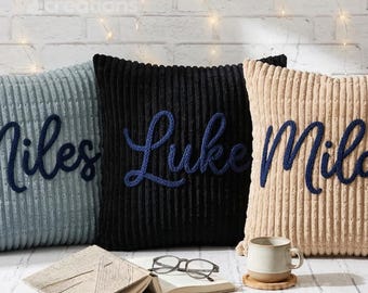 Custom Name Cushion Cover: Nordic Solid Color Pillow with Chunky Yarn Embroidery Detail