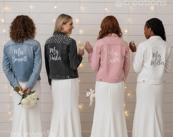 Chaqueta vaquera perlada personalizada: chaqueta vaquera de novia con nombre personalizado, recuerdo de boda para novia y dama de honor.