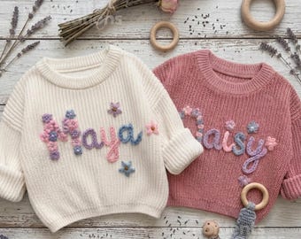 Jersey de bebé bordado a mano: Nombre floral personalizado, jersey de punto personalizado