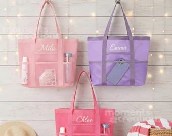 Custom Name Mesh Tote Bag: Personalized Beach, Pool, and Travel Organizer