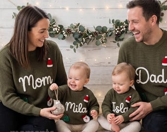 Op maat gemaakte familiekersttruien | Gepersonaliseerde bijpassende moeder, vader en kinderen gebreide vakantiekledingcollectie