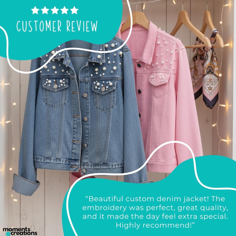 K&ouml;nnte beinhalten: Zwei Jeansjacken, eine hellblaue und eine rosa, werden gezeigt. Beide Jacken haben Perlenverzierungen und h&auml;ngen an Holzb&uuml;geln. Die hellblaue Jacke hat ein klassisches Jeansdesign, w&auml;hrend die rosa Jacke einen weicheren Look bietet.