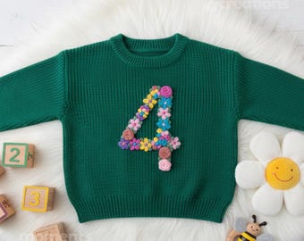 Hand Embroidered Floral Number Sweater: Personalized Milestone Knit Pullover