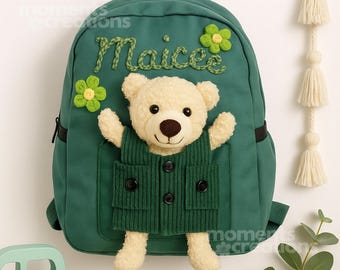 Mochila personalizada con osito de peluche: mochila escolar bordada con peluche