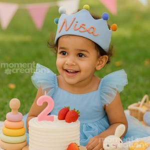 Personalized Linen Birthday Crown: Hand-Embroidered Baby Party Hat