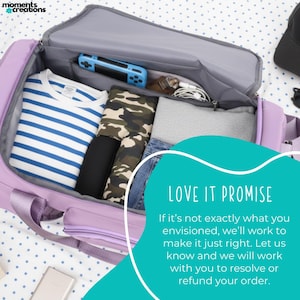 May include: A lavender duffel bag is open, revealing packed clothing and accessories. Inside are a striped shirt, camouflage leggings, and other items. A blue handheld gaming device and headphones are visible. The text "LOVE IT PROMISE" is displayed.