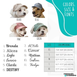 May include: A product image showcasing dog baseball caps in khaki, blue, pink, and green. The caps are worn by dogs. The image also includes a size chart with circumference measurements in inches and centimeters, and a list of names.