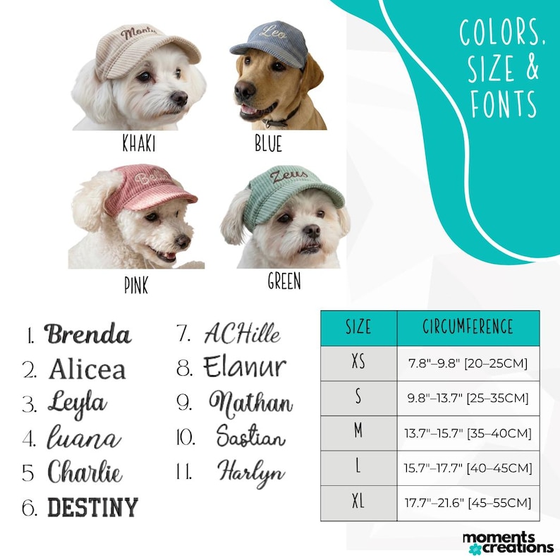 May include: A product image showcasing dog baseball caps in khaki, blue, pink, and green. The caps are worn by dogs. The image also includes a size chart with circumference measurements in inches and centimeters, and a list of names.