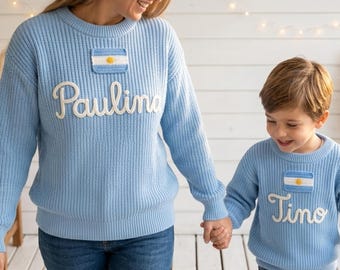 Personalized Argentina Flag Matching Sweaters | Custom Embroidered Name Parent Child Knit Jumper | National Pride Family Matching Gift