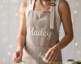 Personalized Embroidered Striped Apron with Custom Name : Chic Cotton Linen Kitchen Apron for Cooking & Baking