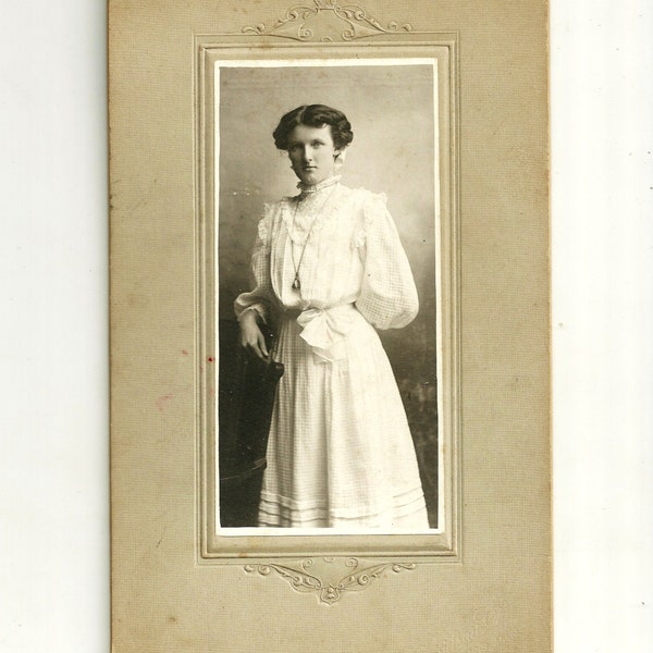 Antique Cabinet Card Photograph Lovely Young Lady In White Victorian Dress Vintage Photo