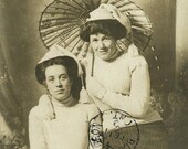 1909 Vintage RPPC Real Photo Postcard Ladies In Knit Hats With Japanese Parasol Antique Photograph Post Card