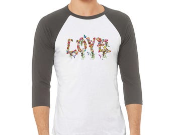 Unisex 3/4 Sleeve Baseball Tee | Floral LOVE Graphic Streetwear Shirt