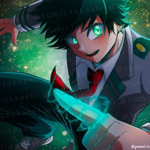Può includere: Un personaggio anime con i capelli verdi e gli occhi verdi è mostrato con una mano verde incandescente, su uno sfondo verde scuro e nero con stelle bianche.