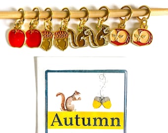 Autumn Enamel Stitch Markers: Apple, Owl, Squirrel, Acorn - 8 Pack