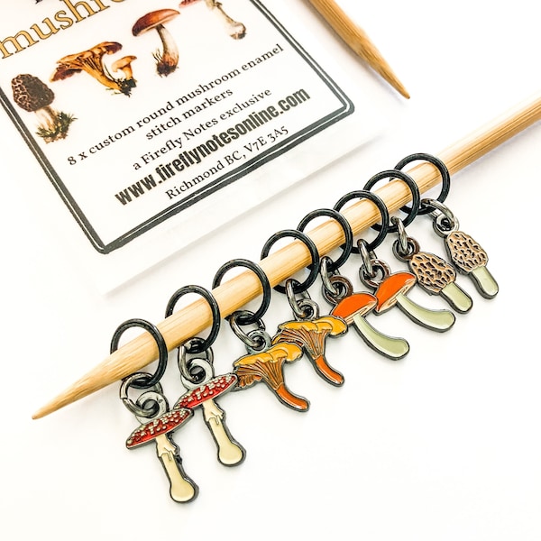 Makers mushrooms stitch markers, Exclusive custom Firefly Notes enamel stitch markers