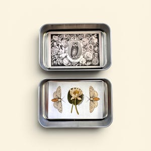 May include: Two rectangular metal tins. The top tin features a black and white illustration of an owl surrounded by flowers, with the text "NOT WISE IN THINE OWN EYES". The bottom tin displays a white flower and two moths.