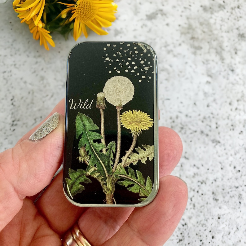 K&ouml;nnte beinhalten: Eine silberne Metalldose mit schwarzem Hintergrund und einer Grafik von drei L&ouml;wenzahnpflanzen. Der Text "Wild" ist in Wei&szlig; auf die Dose gedruckt.