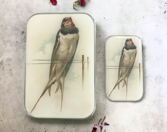 LARGE Handcrafted Vintage French Swallow Illustrated Stitch Marker Notions Tin with Resin Top