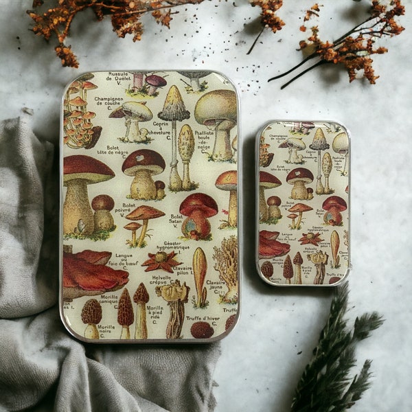 Mushroom tin SMALL pill box,  pin box, jewellery box, notions tin (006)