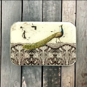 Könnte beinhalten: Eine rechteckige Blechdose mit einem Vintage-Design, das einen Pfau mit blauem und grünem Schwanz zeigt. Der Pfau steht auf einem braunen und weißen Blumenmuster.