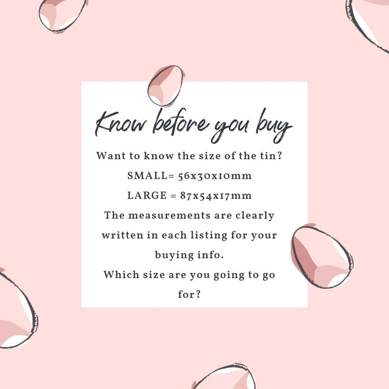 K&ouml;nnte beinhalten: Eine rosa und wei&szlig;e Grafik mit dem Text "Know before you buy" und Informationen &uuml;ber die Gr&ouml;&szlig;e einer Dose. Der Text lautet: "M&ouml;chten Sie die Gr&ouml;&szlig;e der Dose wissen? KLEIN = 56x30x10mm GROSS = 87x54x17mm Die Ma&szlig;e sind in jeder Auflistung f&uuml;r Ihre Kaufinformation deutlich angegeben. Welche Gr&ouml;&szlig;e werden Sie w&auml;hlen?"