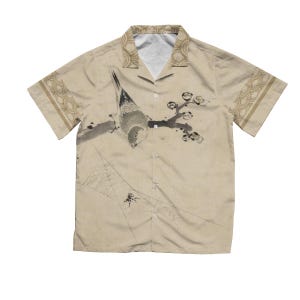 Three Birds Perched On Branches Hawaiian Shirt, Katsushika Hokusai, Animal Asian Art, Japanese Art Shirt, Blossoms Japanese Hawaiian Shirt