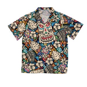 Camicia hawaiana con arte mediorientale, camicia con maschera e fiori mediorientali, camicia hawaiana, camicia da vacanza, camicia floreale vintage, camicie da uomo