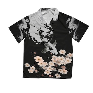 Japanese Koi Fish Hawaiian Shirt, Japanese Art Shirt, Japanese Temple Hawaiian Shirt, Japanese Streetwear, Vintage Japanese Hawaiian Shirt