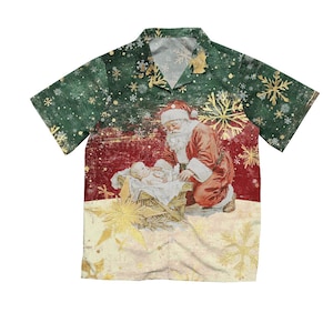 Camicia hawaiana, camicia hawaiana natalizia, camicia hawaiana natalizia, camicia hawaiana divertente, camicia hawaiana da donna, camicia hawaiana da Babbo Natale, vibrazioni natalizie
