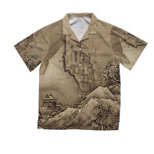 Autumn and Winter Landscapes Hawaiian Shirt, Sesshu Toyo Art, Japan Style, Japanese Woodblock Art Style Print Reproduction Button Down Tees