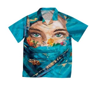 Camicia hawaiana con arte mediorientale, camicia hawaiana con occhi mediorientali, camicia hawaiana, camicia da festa estiva, stile hawaiano, camicia hawaiana con fiori