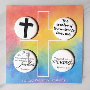 Christian Button 4 Pack Collection | Religious Scripture Pin Back Button Set | Uplifting 1.45in Backpack Buttons | Gift for Jesus Lover