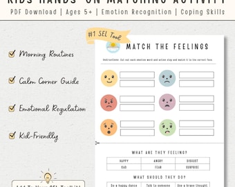 May include: A printable worksheet titled "KIDS HANDS-ON MATCHING ACTIVITY" for ages 5+. The worksheet includes emotion faces, emotion words, and action steps. The text includes "Morning Routines", "Calm Corner Guide", "Emotional Regulation", and "Kid-Friendly".