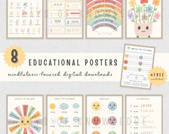 May include: Eight educational posters with a mindfulness theme. The posters include the alphabet, numbers, days of the week, colours, months of the year, weather, emotions, and affirmations. The posters are digital downloads.