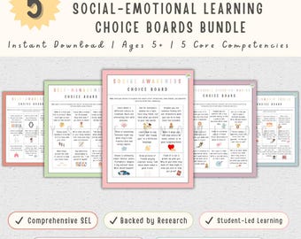 May include: A digital bundle of five social-emotional learning choice boards featuring text and illustrations. The boards are titled Self-Awareness, Self-Management, Social Awareness, Responsible Decision-Making, and Relationship Skills, designed for ages 5 and up.