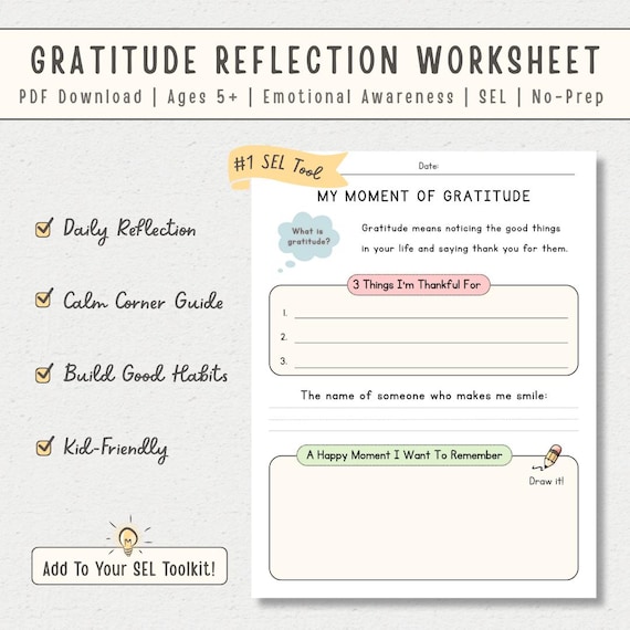 Gratitude Moment Worksheet for Kids | SEL Printable PDF | Mindfulness Activity | Daily Thankful Journal | Calm Corner Resource