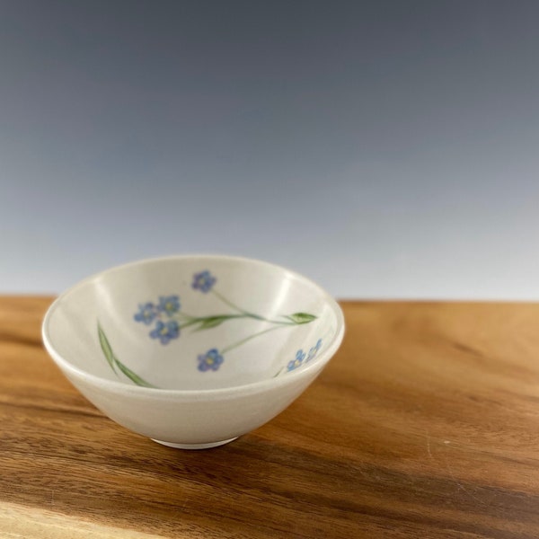 Small Porcelain Pottery Bowl, handpainted with Forget-Me-Not flowers