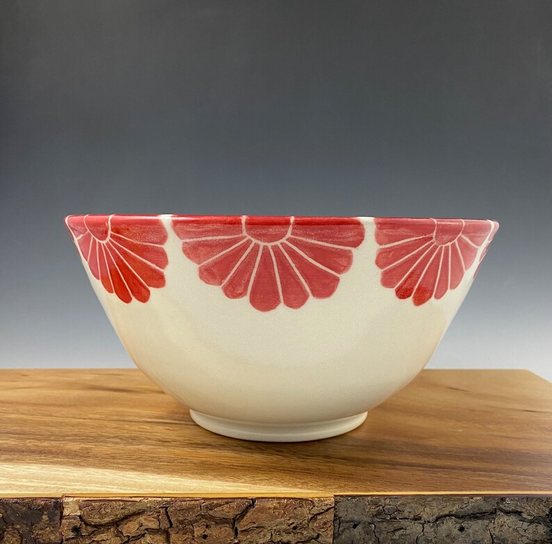 Pottery serving bowl with red flower design image 5