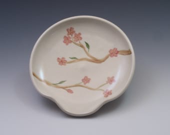Porcelain Spoon Rest / ceramic spoonrest hand thrown and handpainted with cherry blossoms