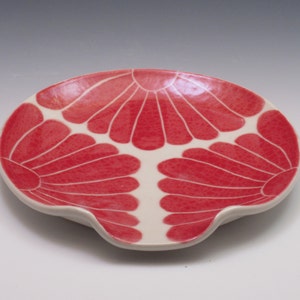 Ceramic Spoon Rest / pottery spoon rest / porcelain spoonrest, painted in bold red flower pattern image 2