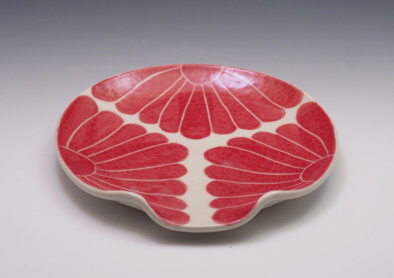 Ceramic Spoon Rest / pottery spoon rest / porcelain spoonrest, painted in bold red flower pattern image 2