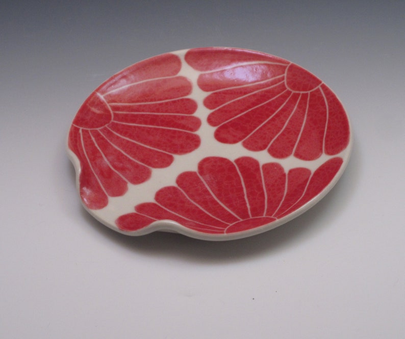 Ceramic Spoon Rest / pottery spoon rest / porcelain spoonrest, painted in bold red flower pattern image 4