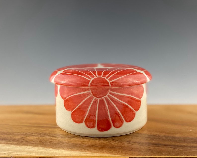 Ceramic French Butter Dish / Butter Keeper / Hand made in porcelain with Red Flower Design image 3