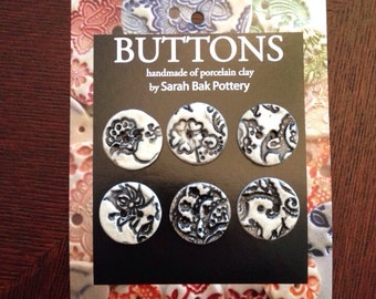 Black and white porcelain buttons, set of 6