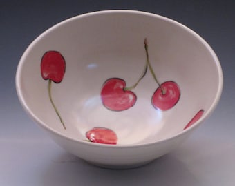 Hand thrown porcelain bowl with hand painted cherries, cereal bowl, soup bowl