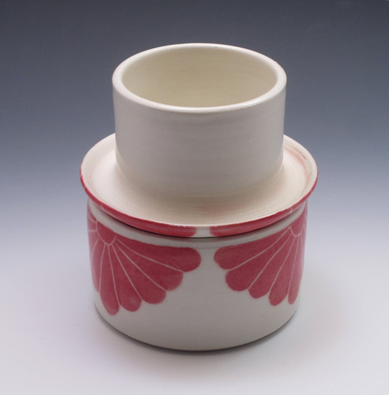 Ceramic French Butter Dish / Butter Keeper / Hand made in porcelain with Red Flower Design image 6
